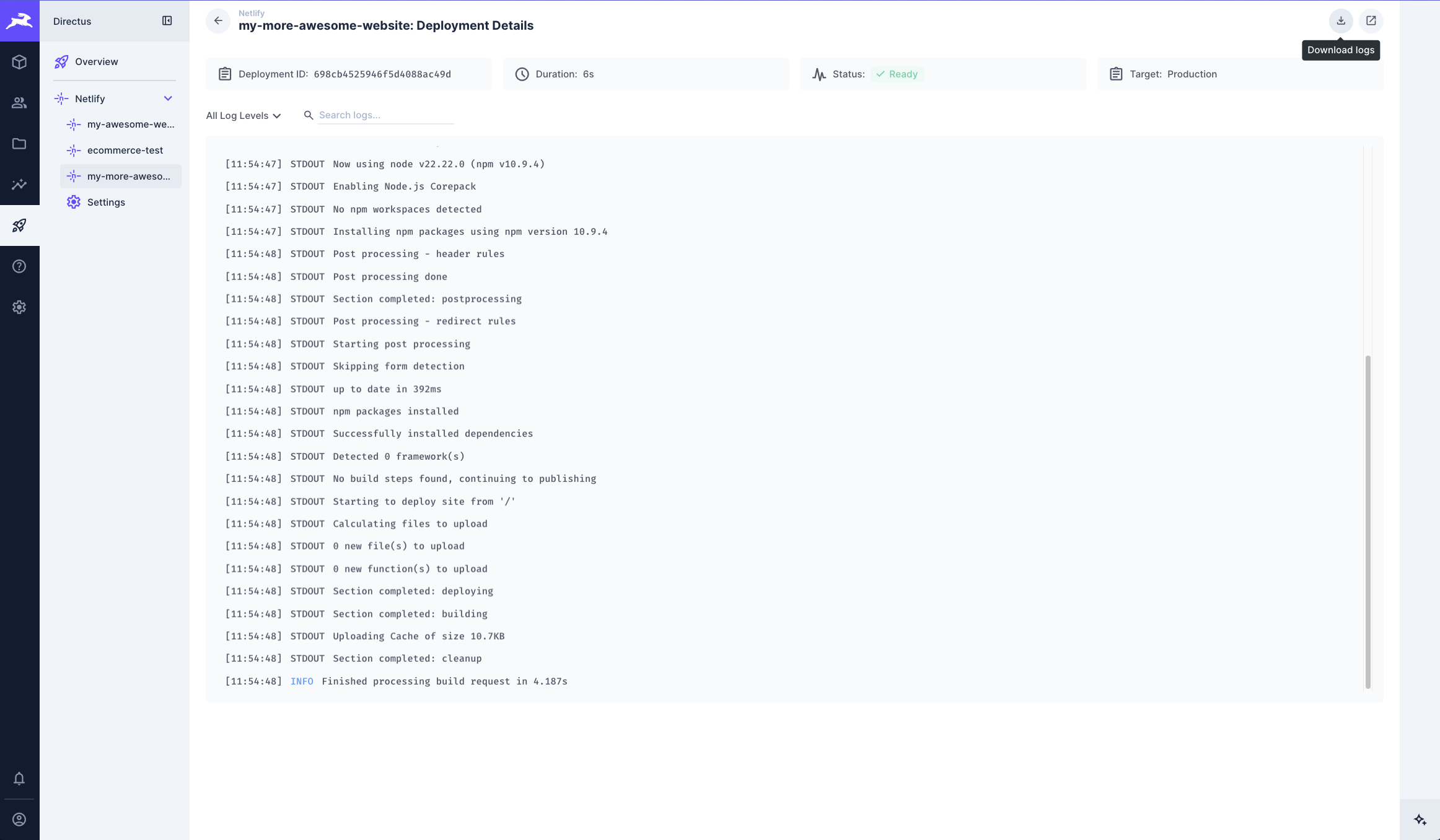 Netlify integration export logs